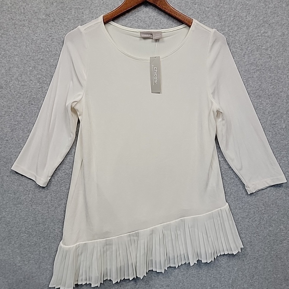 NWT CHICO'S Travelers Tunic Top Pleated Chiffon Hem Asymm Womens 1 Sz 8/10‎ Ecru
